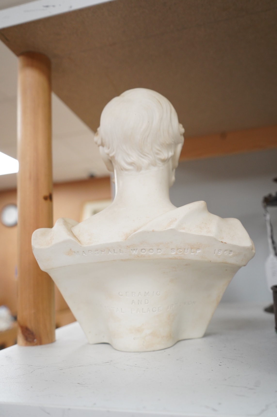 A Copeland parian bust of Prince Albert, after the sculpture by Marshall Wood, 1963 for the Crystal Palace Art Union, socle lacking, 26cm high